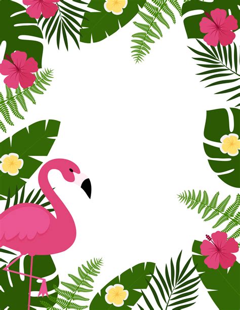 Summer Postcard Background With Tropical Plants And Flowers Flamingos