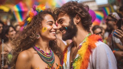 Happy Generative AI Couple At LGBTQ Gay Pride Parade In Sao Paulo Love And Diversity In The