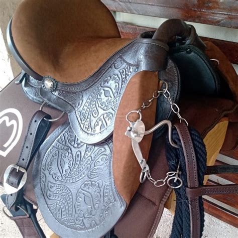 Cela Para Cavalo Australiana Entalhada Completa Couro Legítimo De