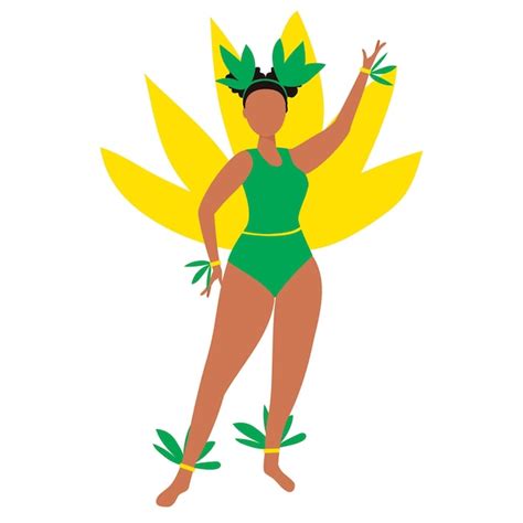 Mulher da américa latina em fantasia de carnaval penas verdes e amarelas isoladas no fundo