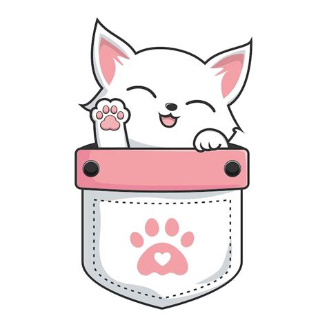 Premium Vector White Cat In Pocket Cute White Pussy Cat In Pouch Waving Paws