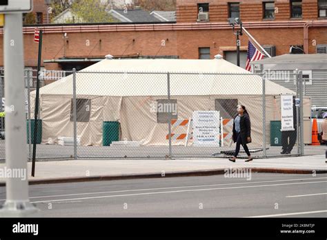 A view of a COVID-19 testing area set up in the parking lot of NYC ...