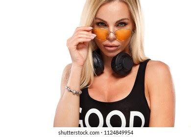 Closeup Portrait Beautiful Sexy Blonde Dj Stock Photo 1124849954