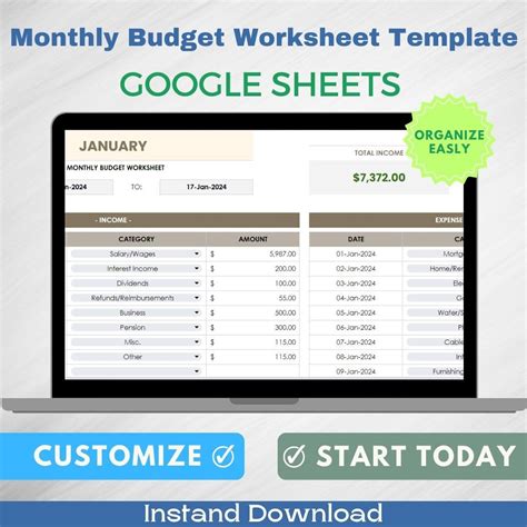 monthly budget worksheet template editable financial planning