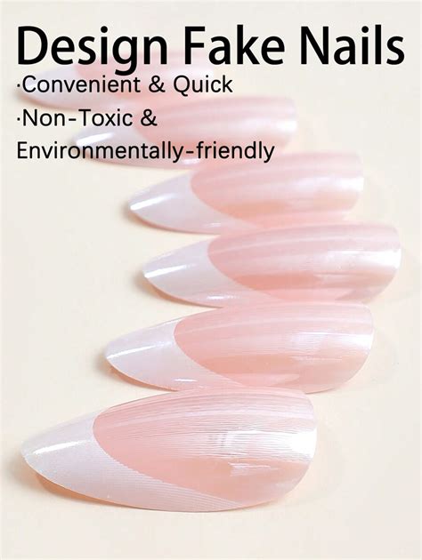 French Tip Press On Nails Almond Medium Fake Nails With Chrome Designs Glossy Nude False Nails