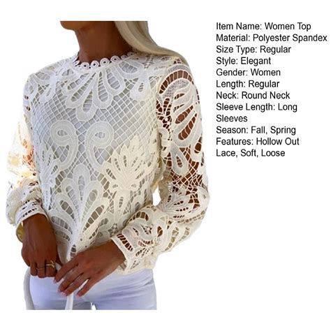 Women Top Round Neck Blouse Elegant Lace Hollow Out Long Sleeve Womens