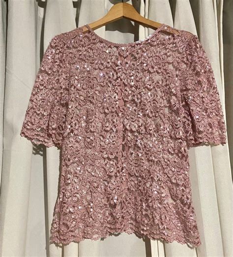 Floral Mesh Lace Pink Back Button Up With Embellished Sequins And Beads