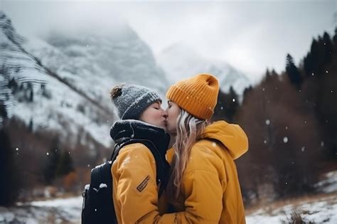 Premium AI Image Loving Lesbian Couple Kissing In Mountains On Background Of Snow Covered Peak