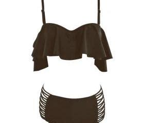 Ruffle Ruched Bandeau Vintage Bikinis Swimwear Women Bikini Set Solid Beach Bathing Suits Cof