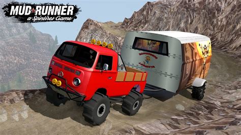 Spintires Mudrunner Vw Type Crawler With Trailer Driving Uphill On A