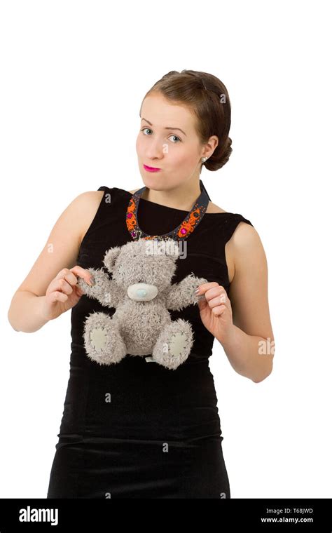 Attractive Smiling Brunette Holding Teddy Bear Stock Photo Alamy
