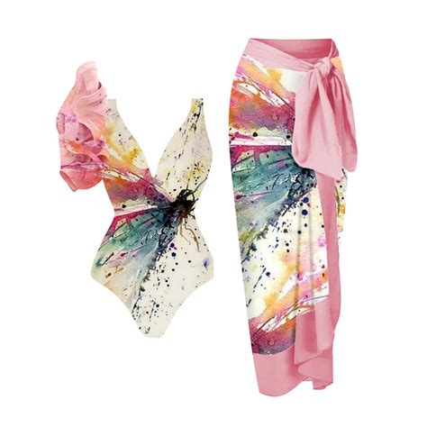 Splash Ink Art One Shoulder Ruffle Swimsuit Colorblock Bikini V Neck Slim High Waist Swimwear