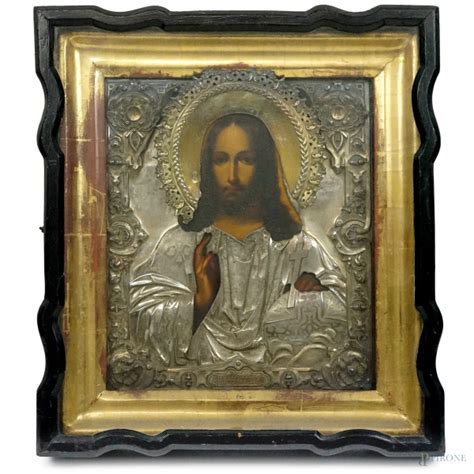 Icona Raffigurante Cristo Benedicente Tempera Su Tavola Con Riza In