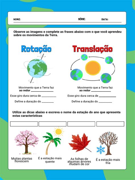 Movimentos Da Terra Rotação E Translação Atividades - Atividades sobre Rotação e Translação | PDF