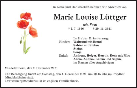 Traueranzeigen Von Marie Louise L Ttger Augsburger Allgemeine Zeitung