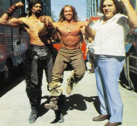 Wilt Chamberlain, Arnold Schwarzenegger, and Andre the Giant pose for a ...