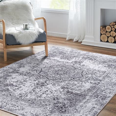 Jinchan Area Rug 3x5 Foldable Grey Rug Floral Printed Distressed Carpet