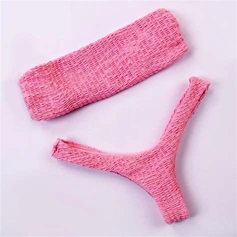 Summer Off Shoulder Bikini Wrinkles Bandeau Swimwear Women Sexy Retro Swimsuit Strapless