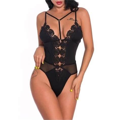 Lingerie sexy pyjama sexy transparent en maille profonde en V une pièce à bretelles élastiques