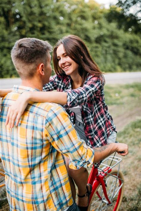 Love Couple With Vintage Bicycle Walking In Park Stock Image Image Of