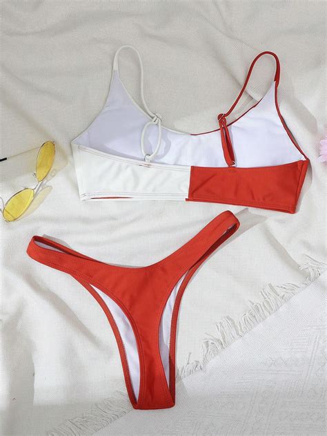 Ensemble Bikini Halter À Blocs De Couleur Et Bretelles Minces Mode en