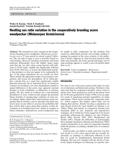 PDF Nestling Sex Ratio Variation In The Cooperatively Breeding Acorn Woodpecker Melanerpes