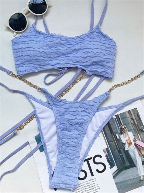 Emmiol Free Shipping 2025 Chain Embellish Lace Up Bikini Set Blue M In Bikini Sets Online Store