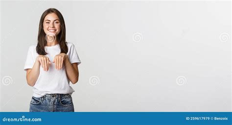Silly And Cute Brunette Girl Smiling And Standing In Puppy Pose Stock Image Image Of Female