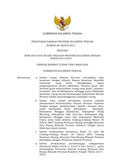 PERATURAN RENCANA TATA RUANG WILAYAH PROVINSI SULAWESI TENGAH