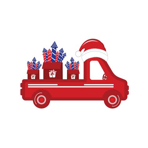 Old vintage red Christmas truck with fireworks and Santa hat. Vector