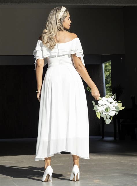 Vestido de Noiva Civil Midi Ombro a Ombro - Elegância para Casamento