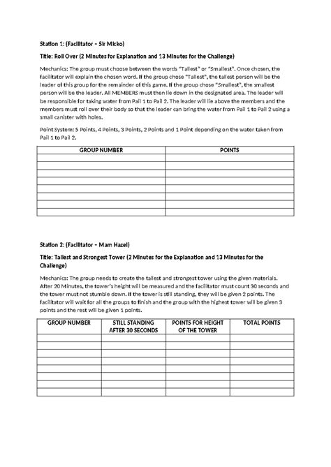 Team Building Challenge Stations Overview (Facilitators & Mechanics