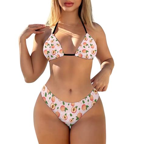 Coeqine Women S Sexy Bikini Sets Elastic String Adjustable Triangle Cheeky Bathing Suits Peach