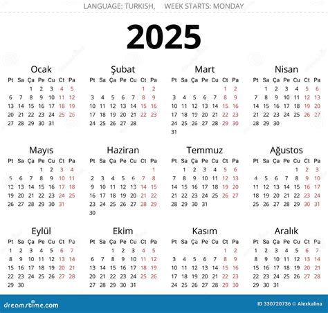 2025 Year Turkish Calendar. Printable And Editable Vector Illustration