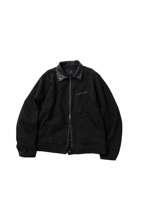 Vintage Leather Collar Work Jacket Black Point Line Plane