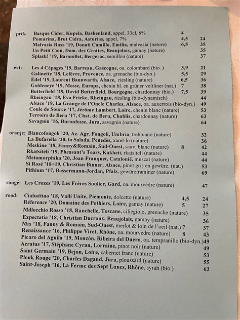 Menu at Hotel De Goudfazant, Amsterdam