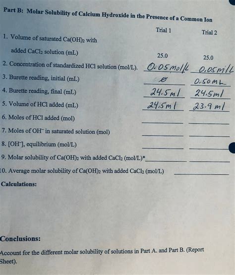 Solved Part B Molar Solubility Of Calcium Hydroxide In The Chegg