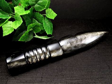 艶やかシラーの黒曜石使用ダガーナイフ アセイミー 魔除けの石でできた小刀 古来からの強力な守護石 1点物 シルバーオブシディアン【黒曜石 ...