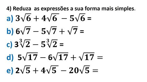 4 Reduza as expressões a sua forma mais simples Operações