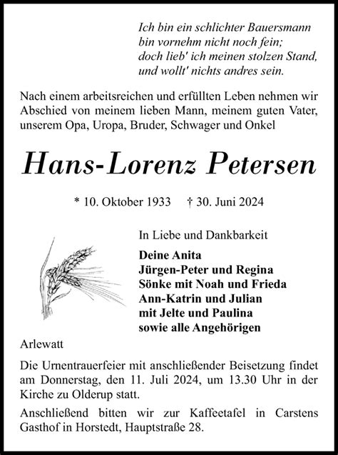 Traueranzeigen Von Hans Lorenz Petersen Sh Z Trauer