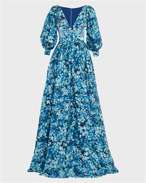 Badgley Mischka Collection Pleated Puff Sleeve Floral Print Gown Neiman Marcus