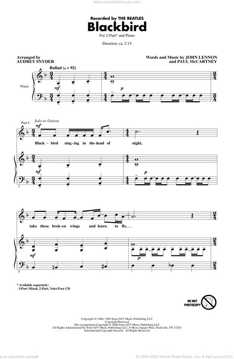 Mccartney Blackbird Arr Audrey Snyder Sheet Music For Choir 2 Part