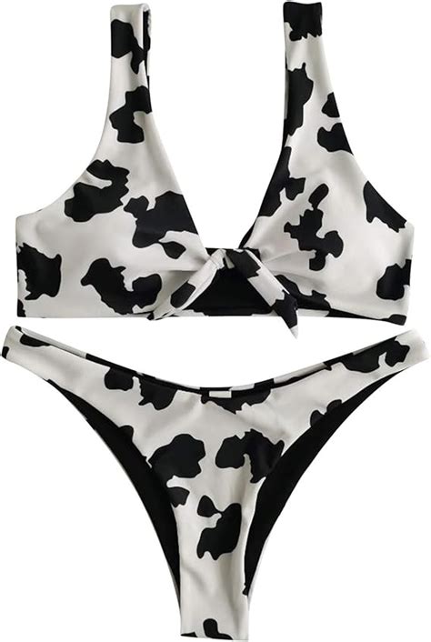 Blekii Women S Low Waisted Cow Print Bikini Swimsuit Set Front Bow Push Up Padded Strappy Two