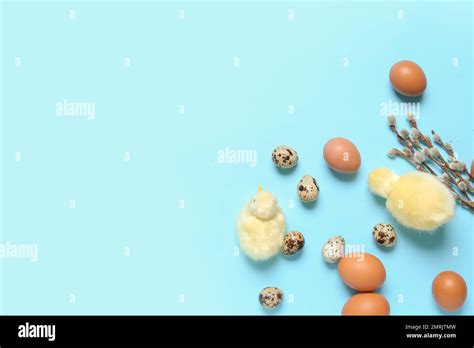 Easter Eggs Pussy Willow Branches And Baby Chickens On Blue Background Stock Photo Alamy