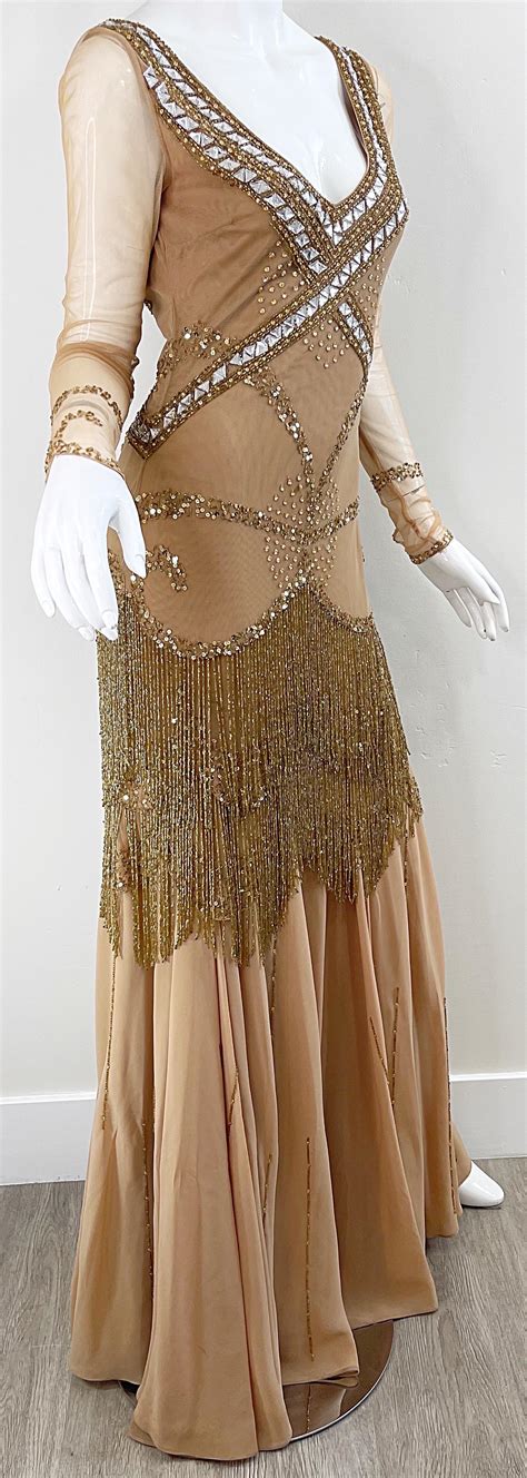 Roberto Cavalli Class S Nude Gold Size Deco Beaded Fringe Mesh Dress For Sale At StDibs
