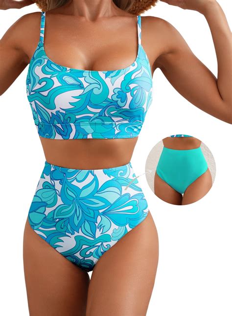 Eytino Swimsuit Sets Womens High Waisted Bikini Sets Color Block Tummy Control Swim Suits Two