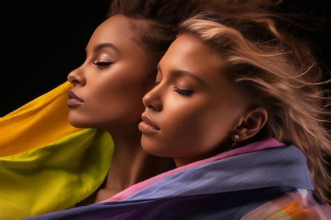 Foto Expresiva Del Orgullo De Una Pareja De Lesbianas Gay Con La Bandera Del Arco Iris Papel