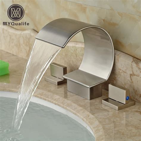 Curved Waterfall Spout Bathroom Basin Mixer Taps Deck Mount Brushed