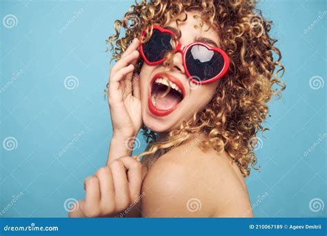 Cheerful Woman Nude Shoulders Emotions Red Lips Blue Background Sunglasses Stock Image Image