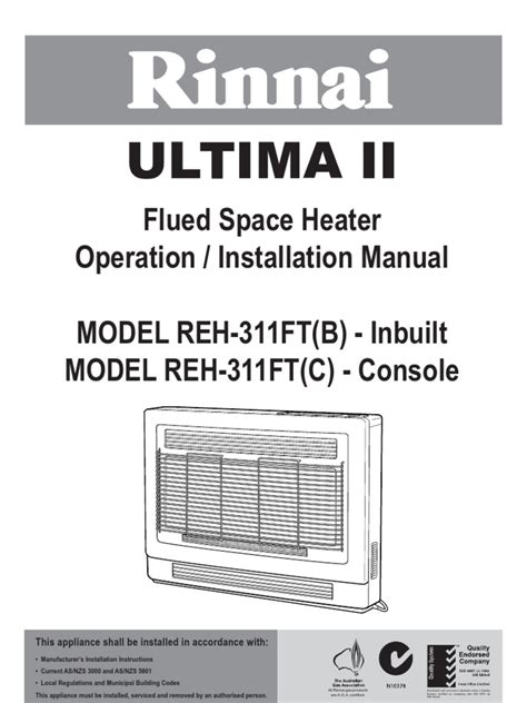 Rinnai Gas Heater Installation Manual Reh 311ftb Ultima Mkii Also Reh 301 Chimney Fireplace